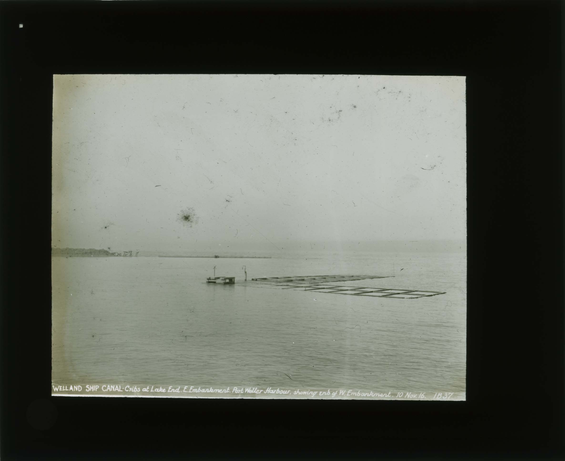 Cribs at lake end E embankment at Port Weller Harbour showing end of W embankment
