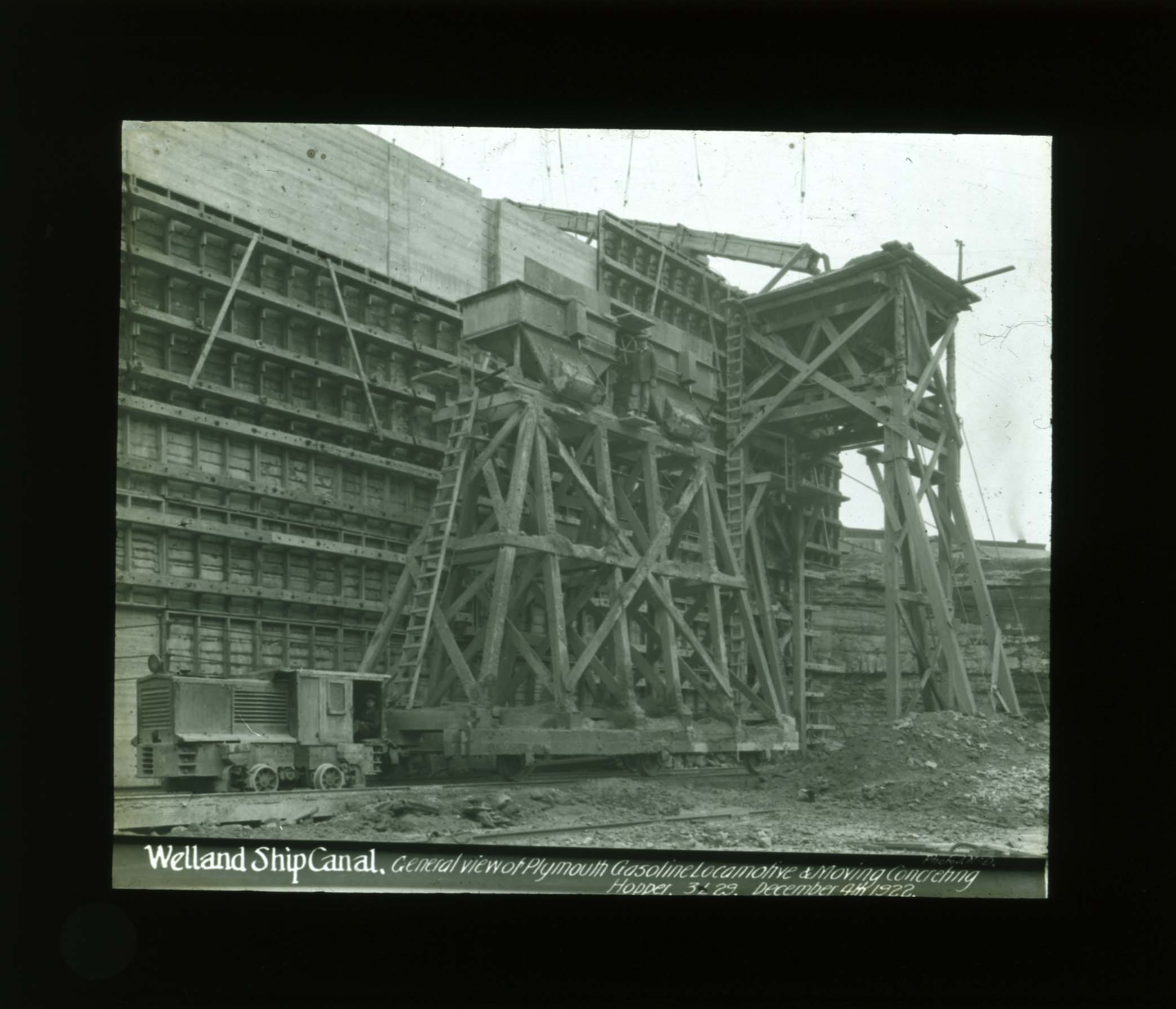 General view of Plymouth Gasoline Locomotive and Moving Concreting Hopper