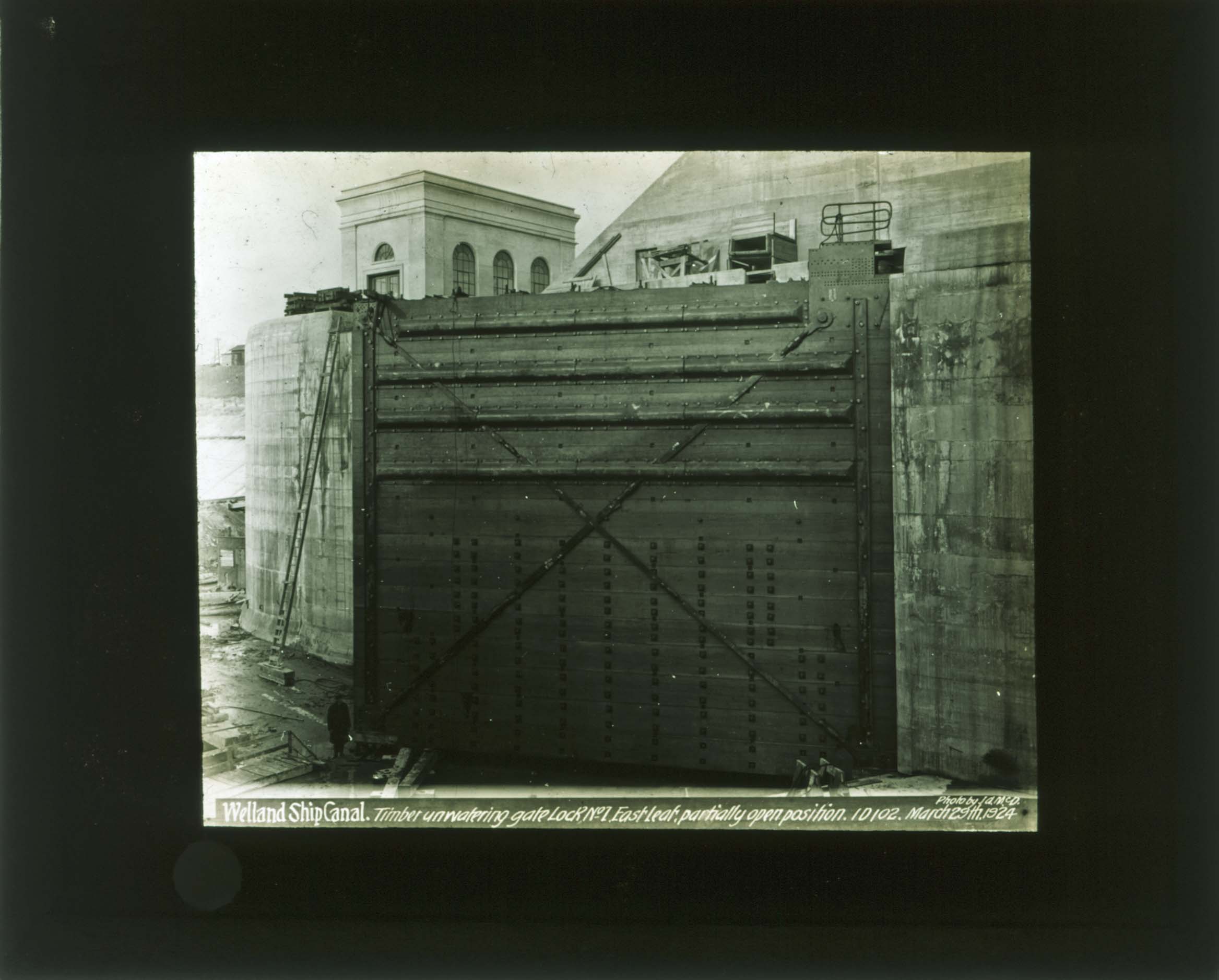 Lock no. 1 timber unwatering gate east leaf partially open position