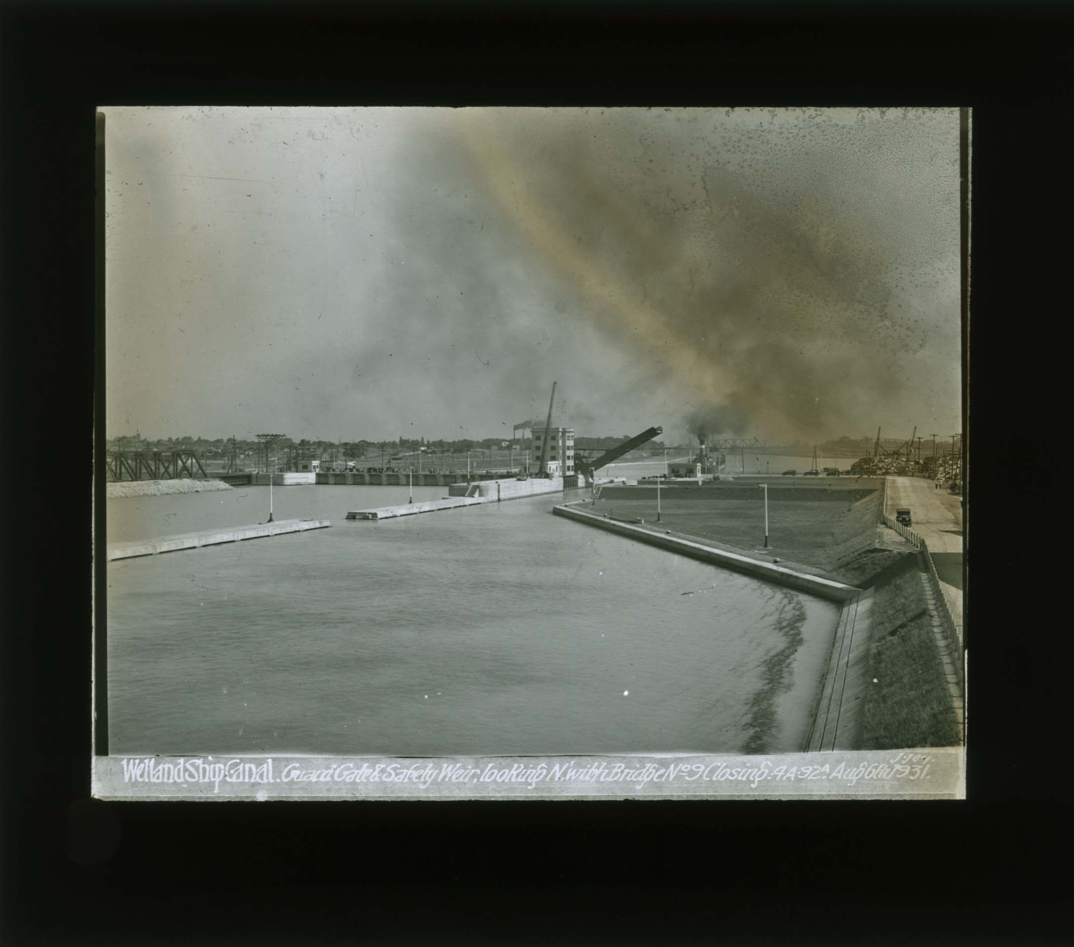 Guard gate and safety weir looking north with bridge no. 9 closing