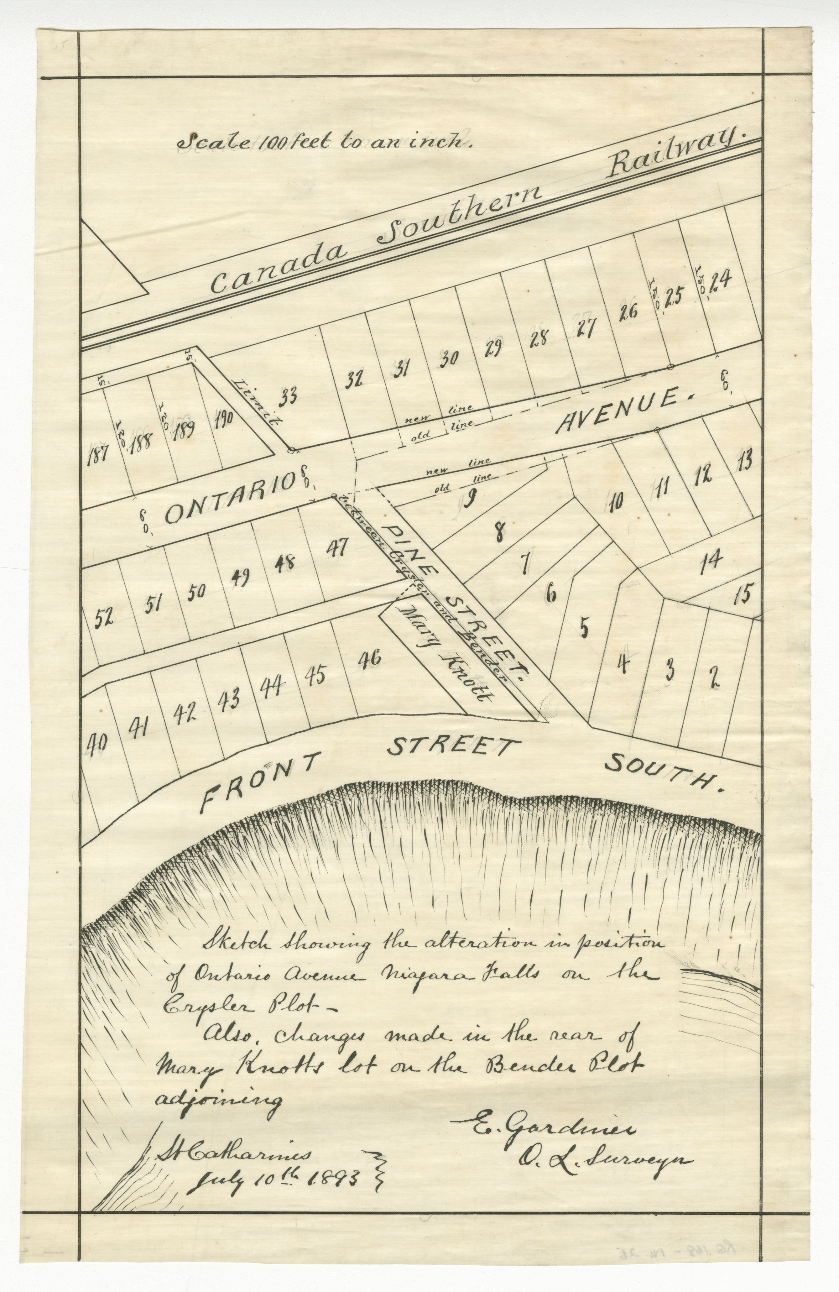 Sketch showing the alteration in position of Ontario Avenue Niagara Falls on the Crysler Plot